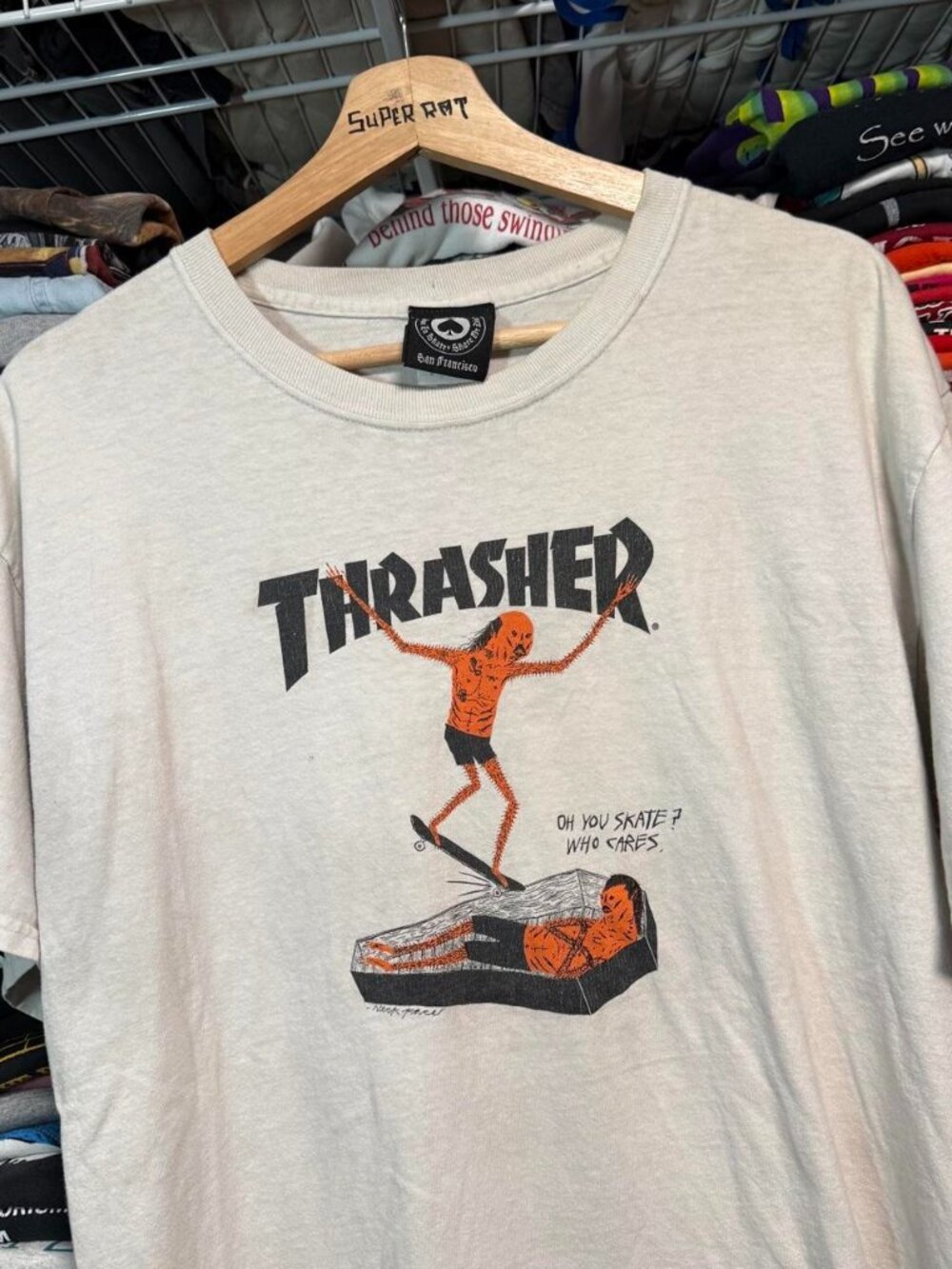 Y2K thrasher neck face go demon or go home graphic t shirt faded white